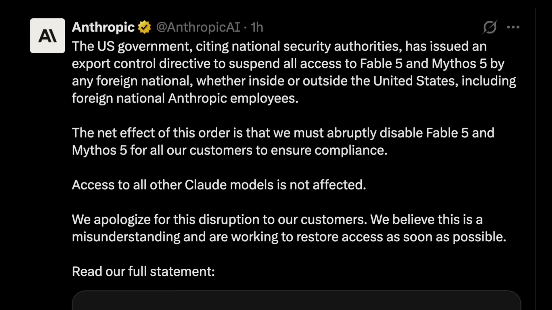 A screenshot of the initial tweet from the official AnthropicAI account, detailing the US government's export control directive.