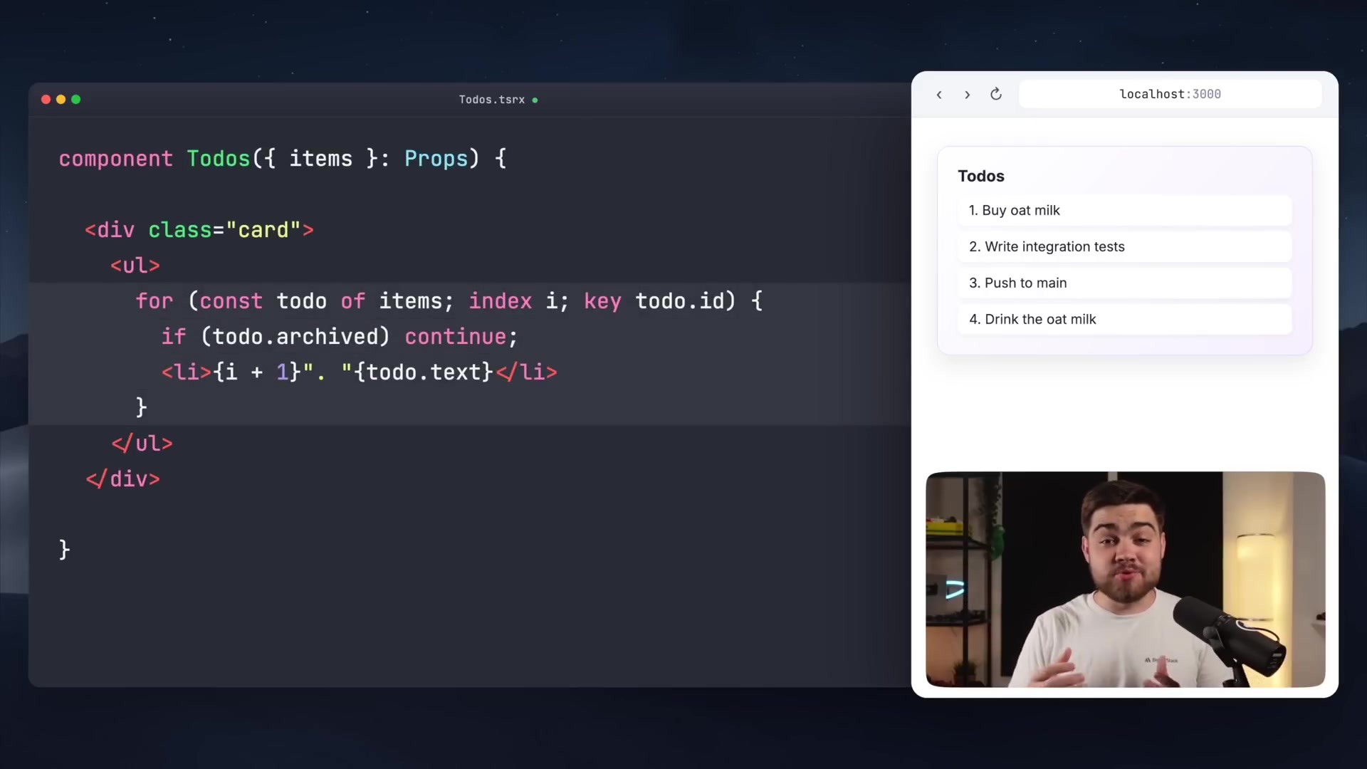 TSRX for...of loop highlighting the index and key syntax