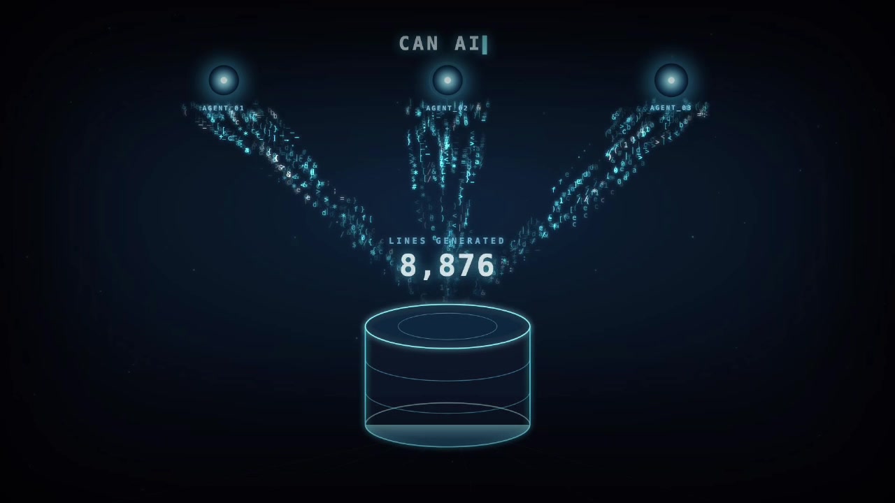 An animation depicting multiple AI agents concurrently generating lines of code, illustrating the parallel and accelerated nature of the AI-assisted rewrite process.