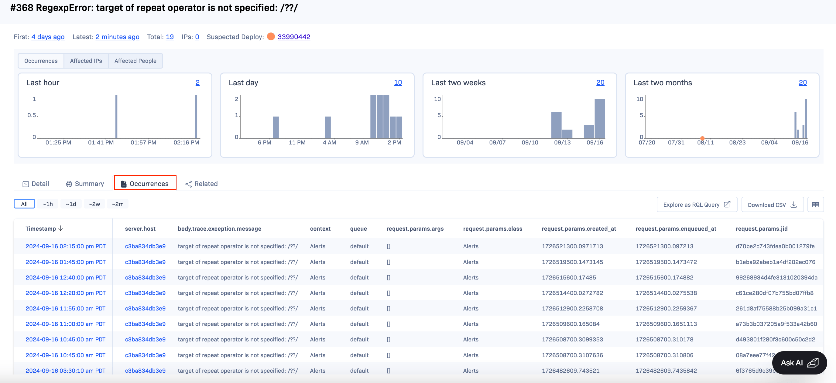 SCREENSHOT: Rollbar error grouping and item detail view