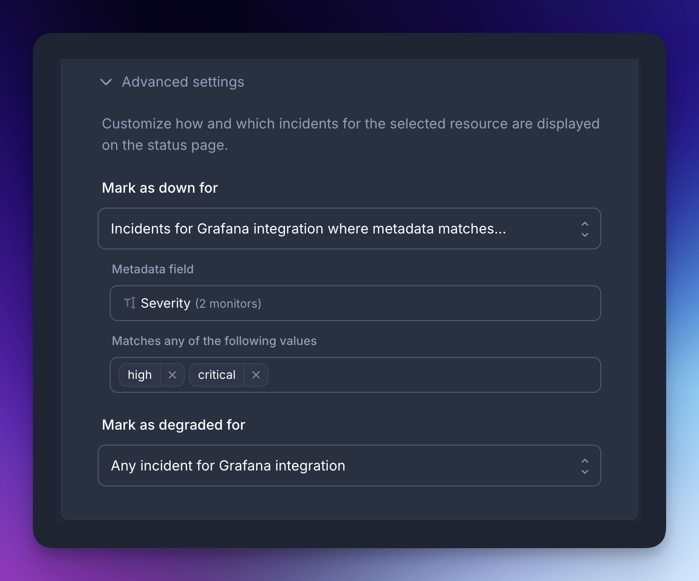 Screenshot of status page metadata configuration