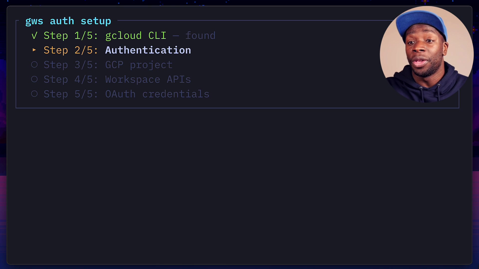 The gws auth setup wizard in the terminal showing the multi-step process for authentication and project selection