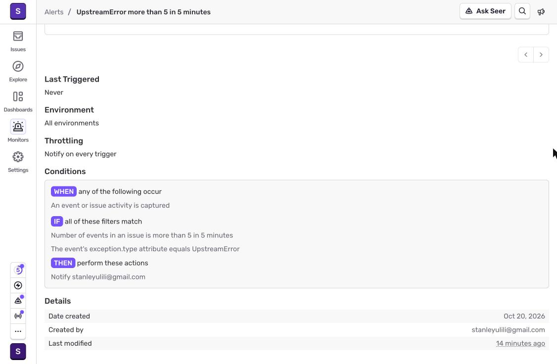Sentry issue alert rule for upstream errors