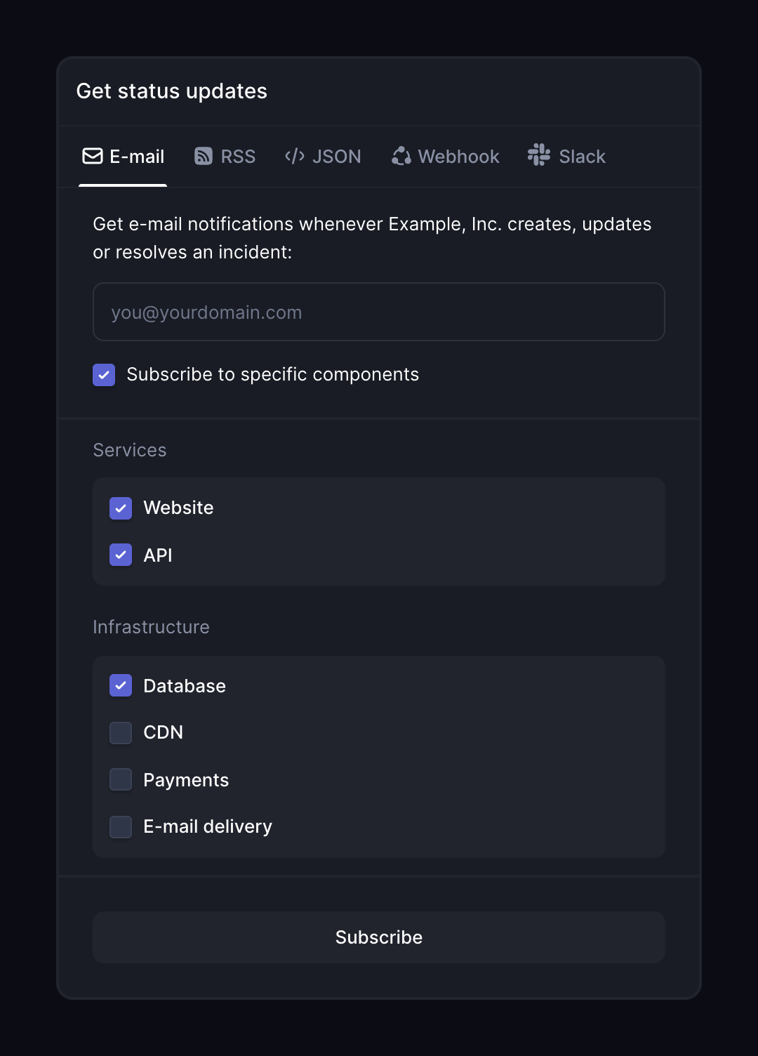 Subscribe to specific components in the Get status updates dialog