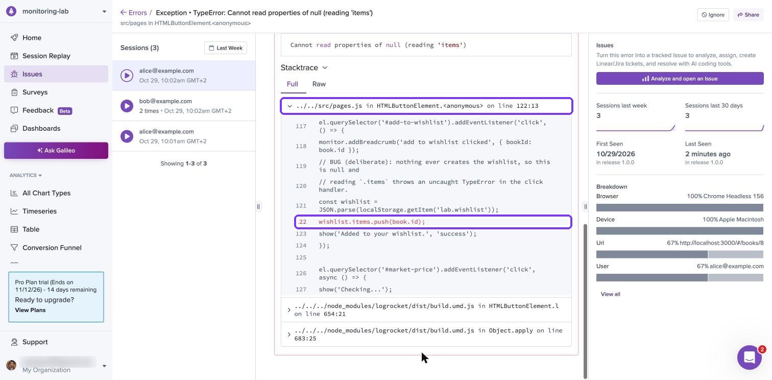 LogRocket wishlist error mapped to pages.js line 122