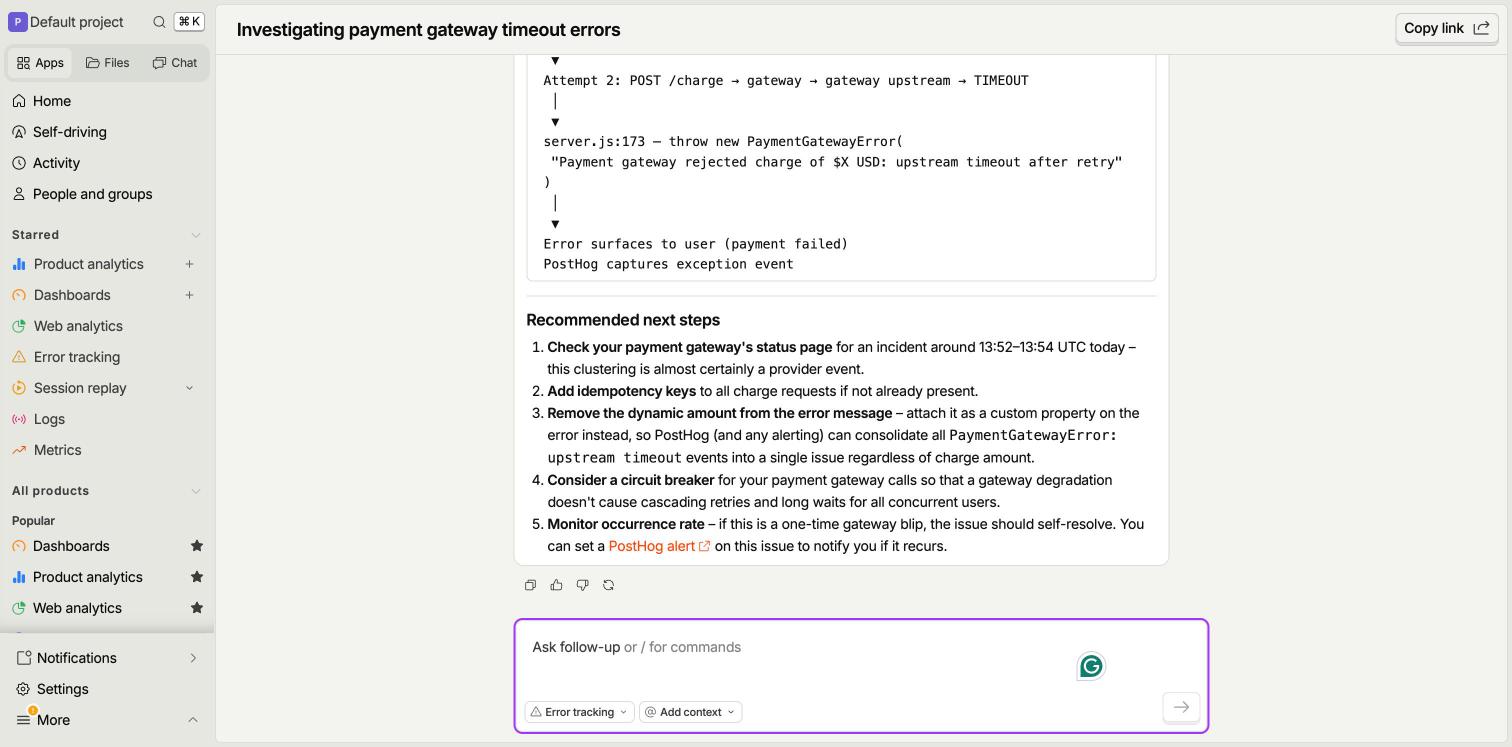 PostHog AI next steps for the payment error