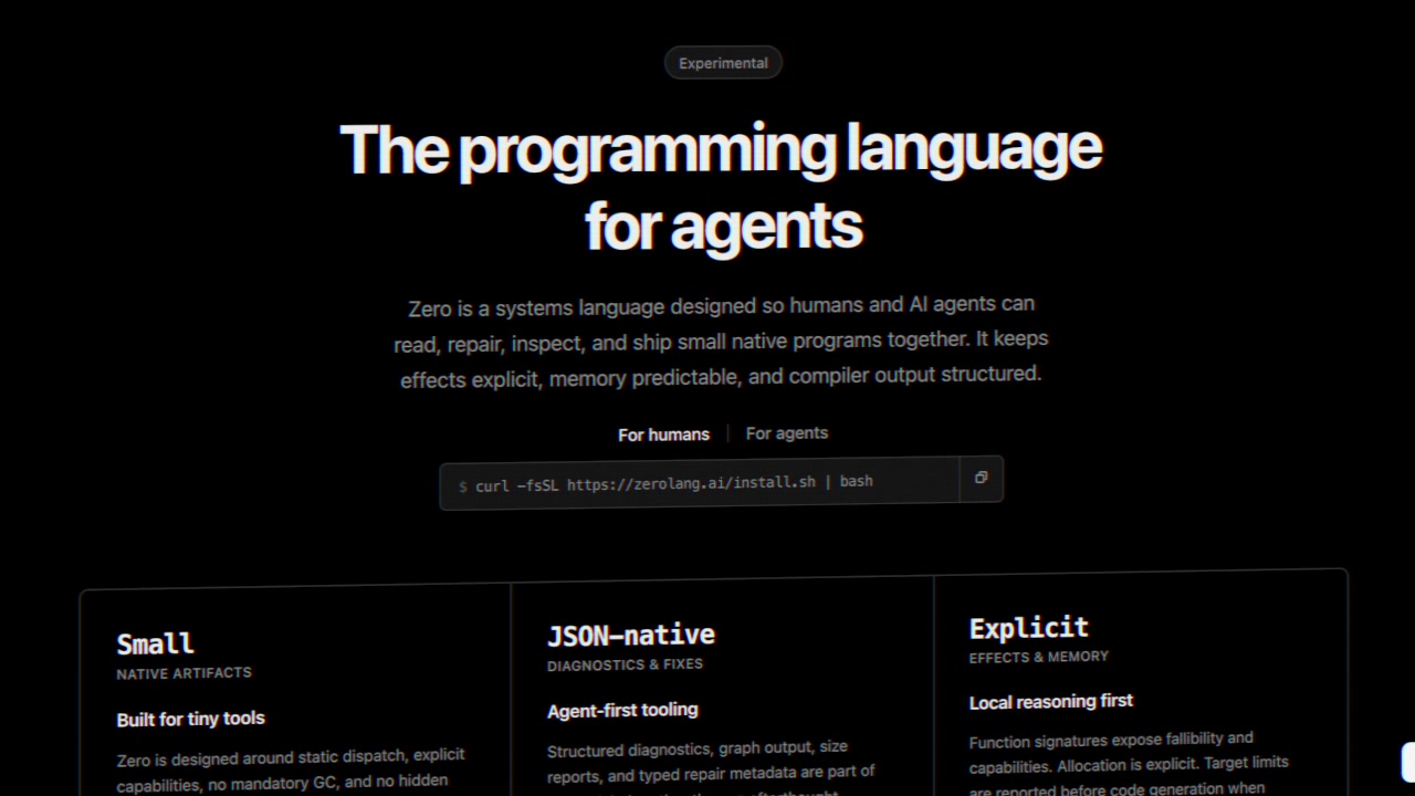 zerolang.ai homepage showing "For humans" and "For agents" tabs emphasizing dual-purpose design