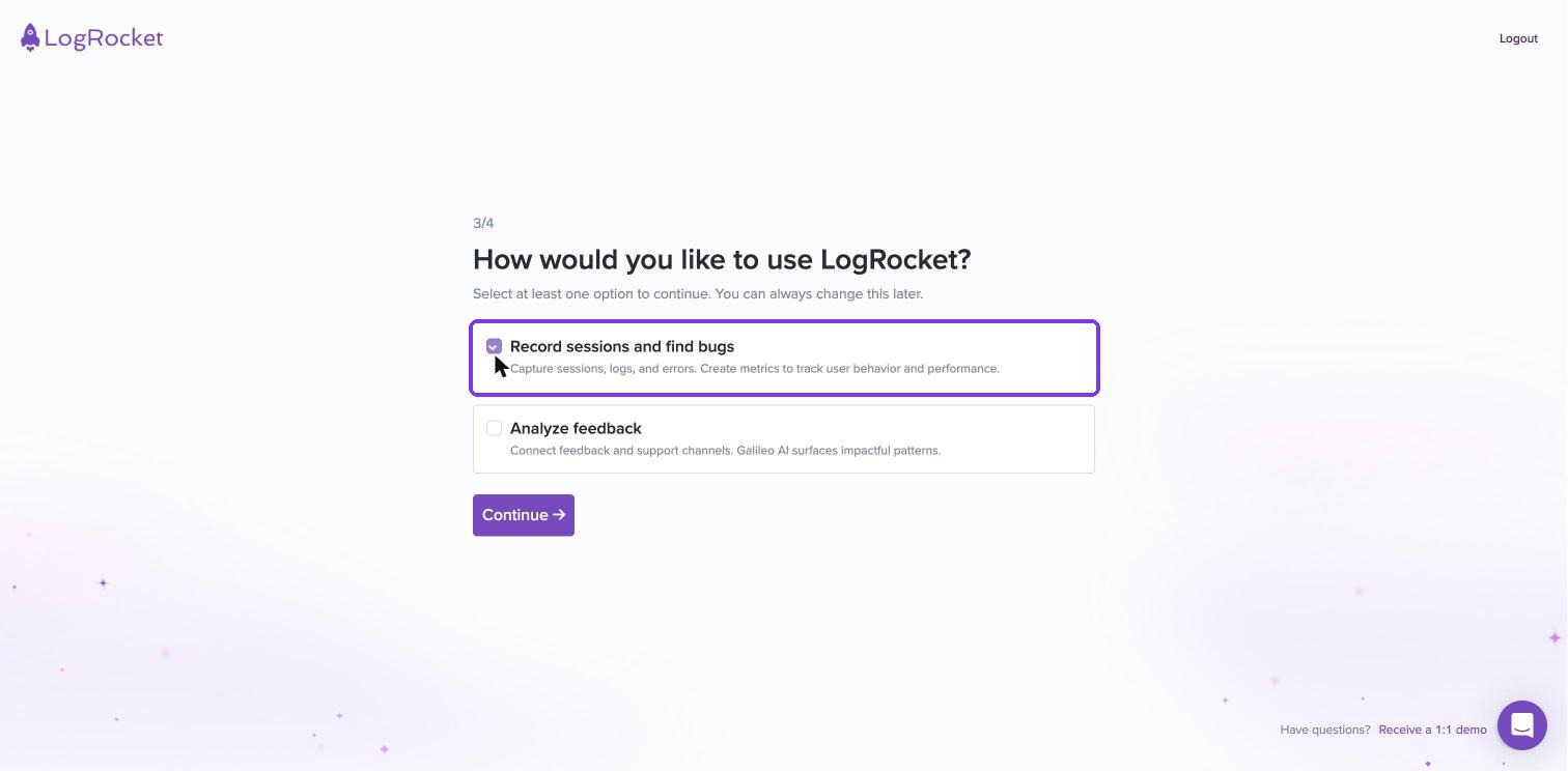 LogRocket use-case picker with Record sessions and find bugs selected
