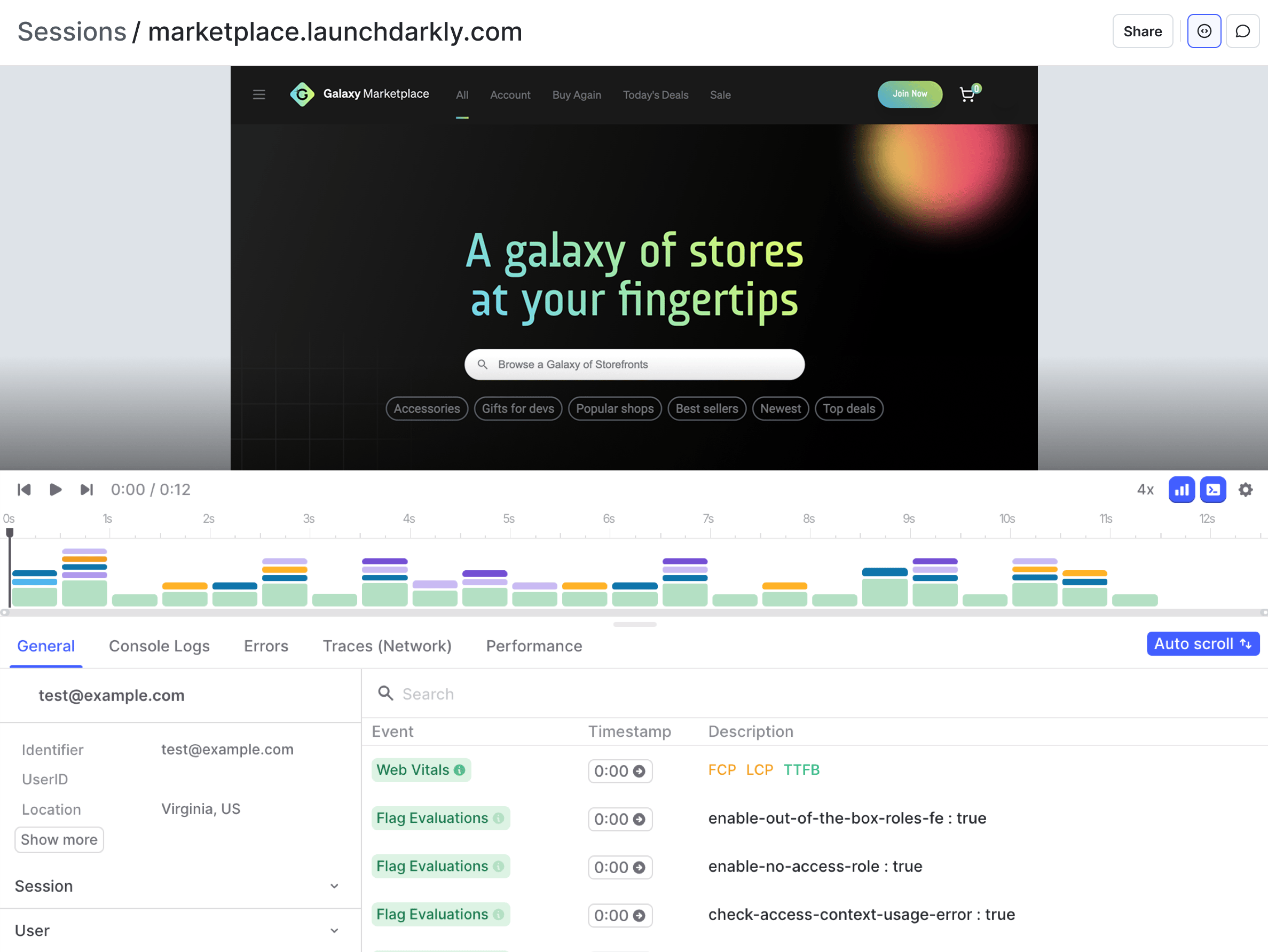 SCREENSHOT: LaunchDarkly session replay with flag variation overlay showing which feature flag the user was under during the session