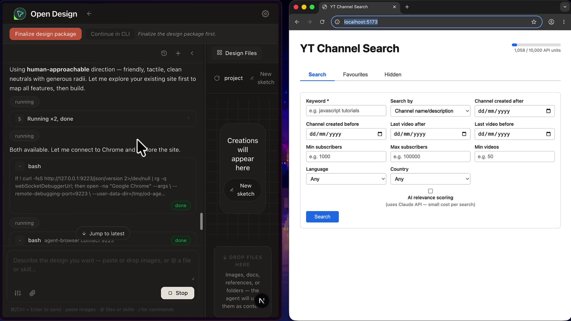Side-by-side view showing the Open Design agent's plan on the left and the Chrome browser window it is programmatically controlling on the right