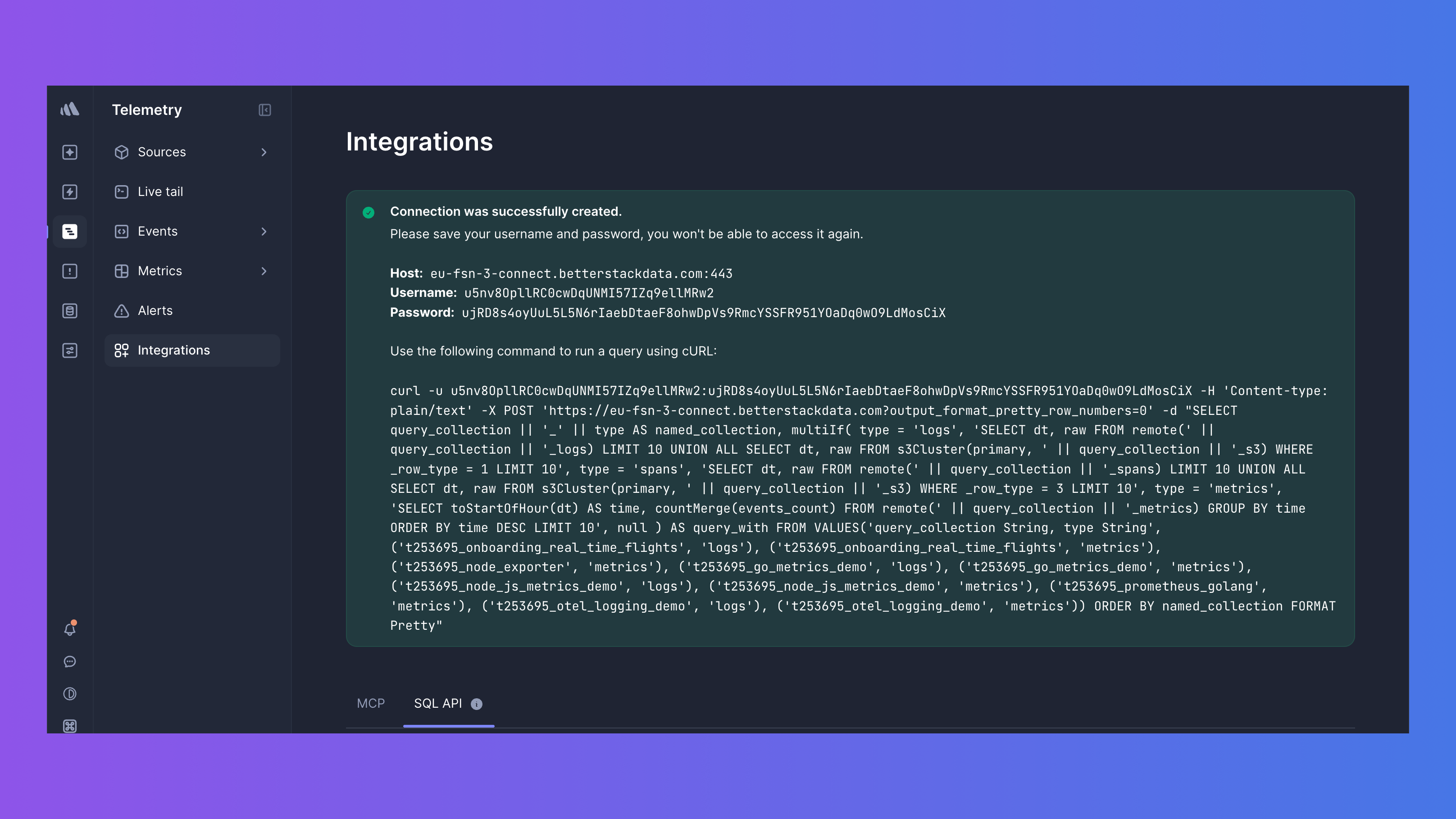 SQL API connection credentials in Better Stack