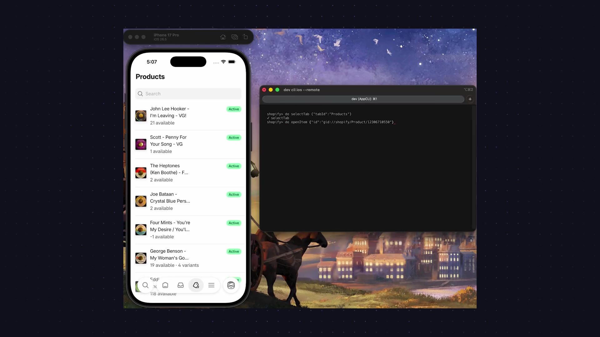 A split-screen view demonstrating Shopify's decoupled architecture. On the right is a mobile app simulator, and on the left is a terminal window showing the underlying JSON state that powers the UI.