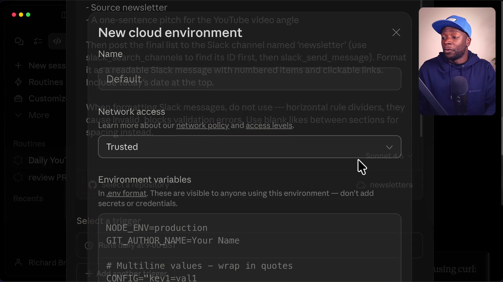 The "New cloud environment" configuration modal highlighting the "Network access" dropdown with options for Trusted, Full, and Custom