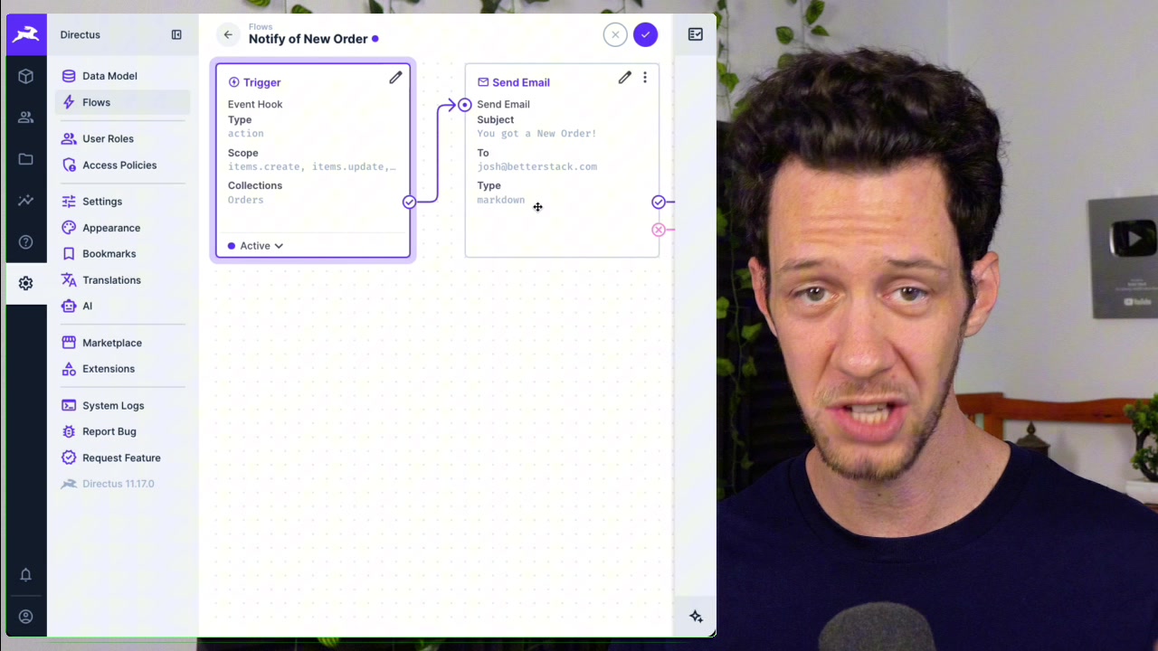 Visual flow builder canvas showing the Trigger node connected to the Send Email operation node