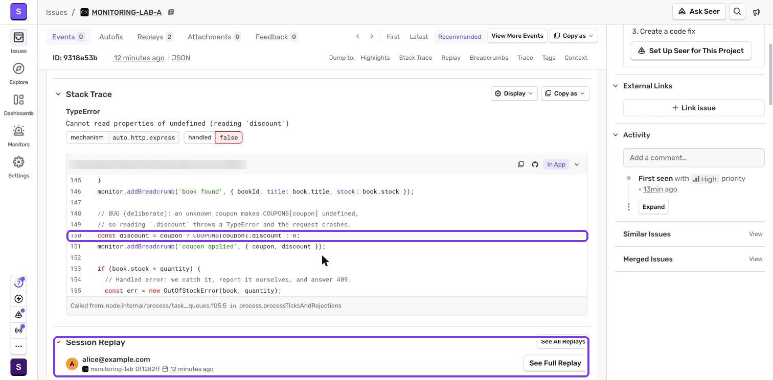 Sentry server error with the request body and the shopper's replay