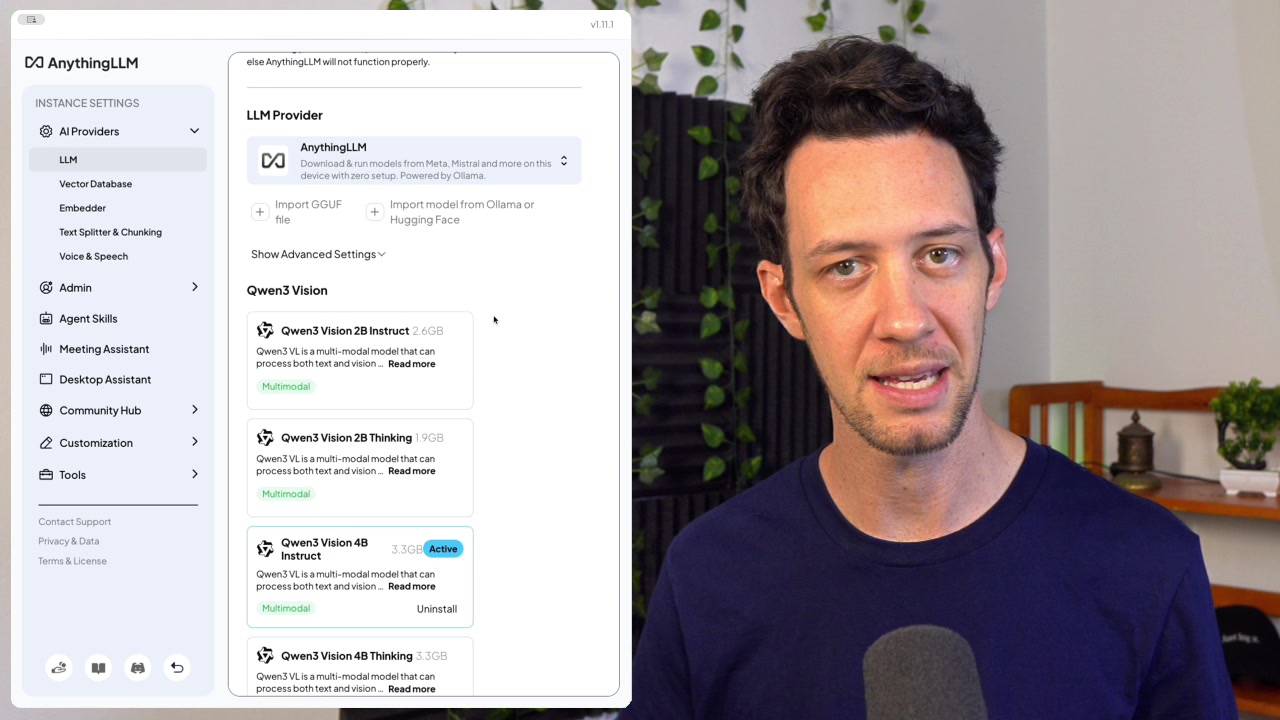 The LLM Provider settings screen, showing Ollama selected and a list of available local models like Qwen3.