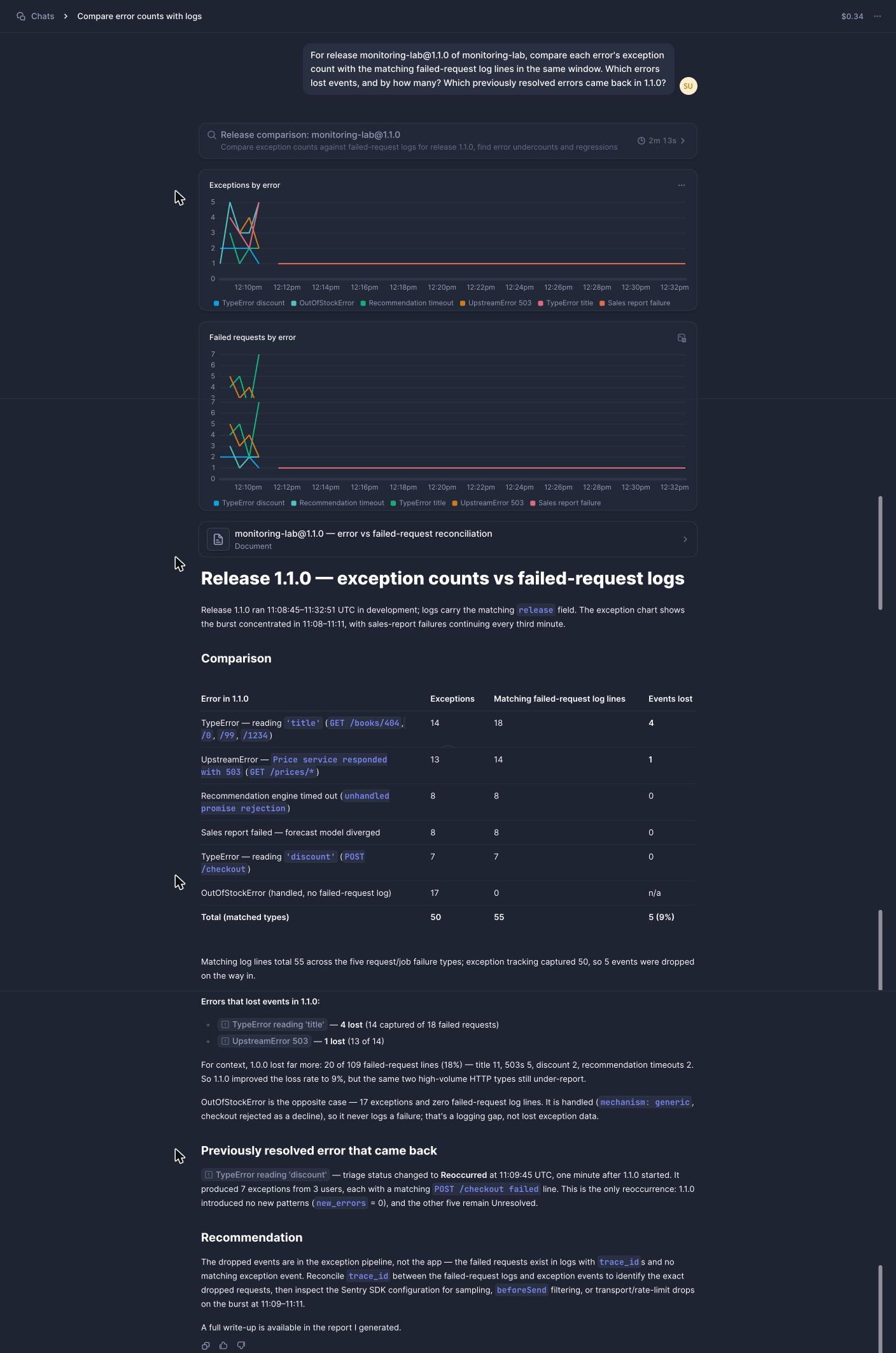 Better Stack AI SRE reconciling release 1.1.0 errors against logs