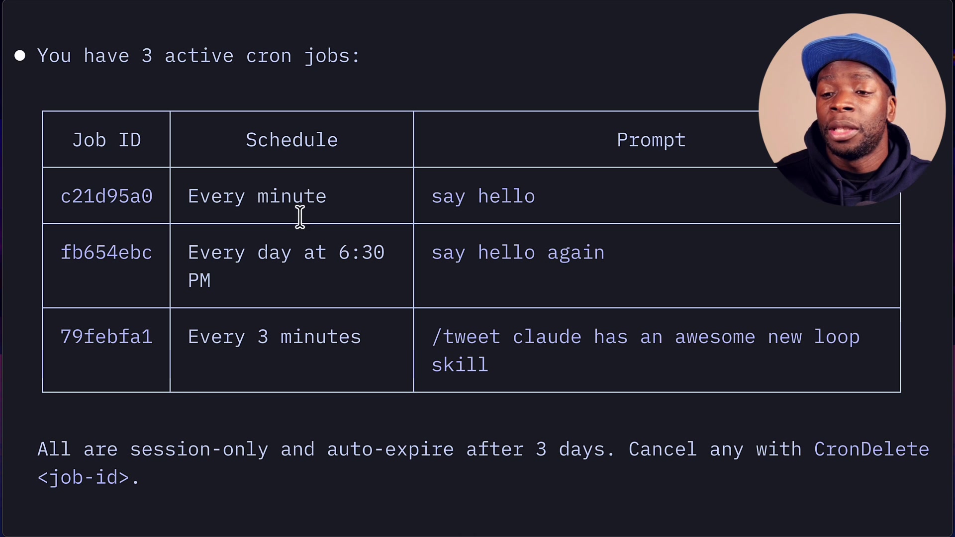 Tabular output from the CronList tool showing Job ID, Schedule, and Prompt for three active cron jobs