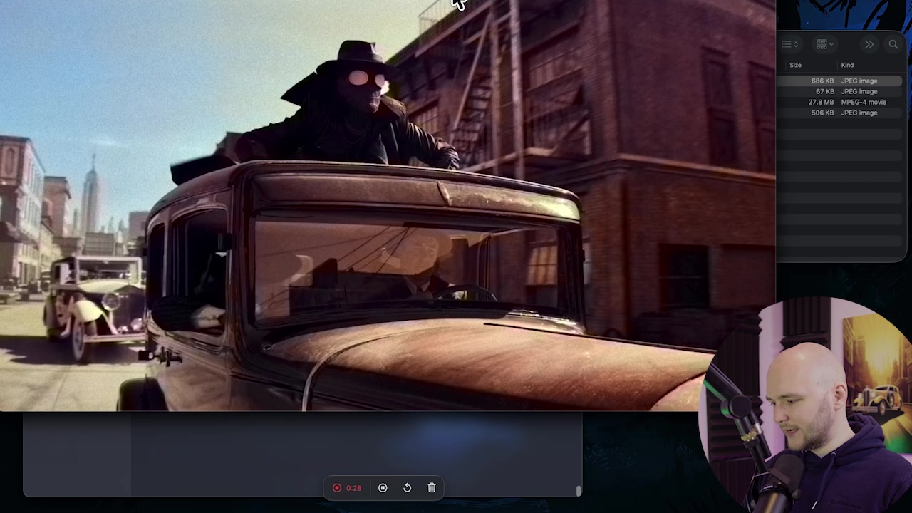 A side-by-side comparison of the original black-and-white image of Spider-Man Noir on a car and the colorized output image.