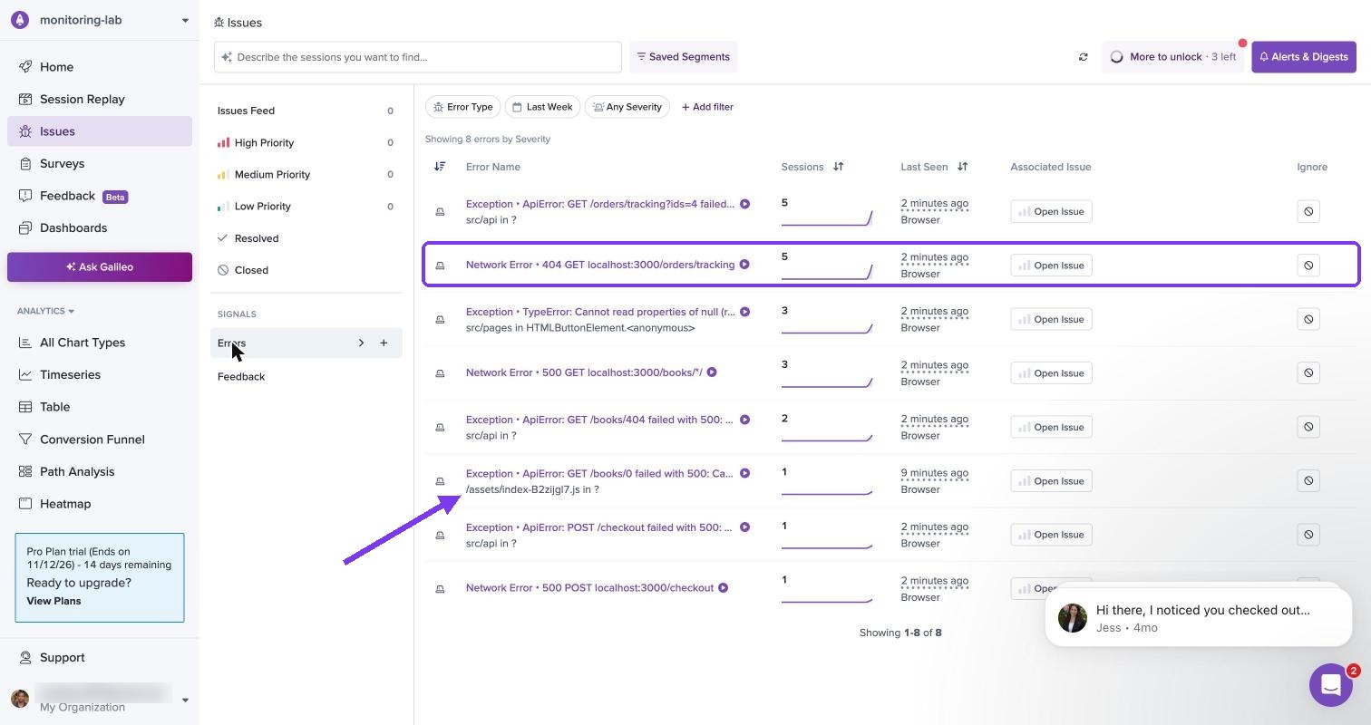 LogRocket errors list with network errors beside exceptions