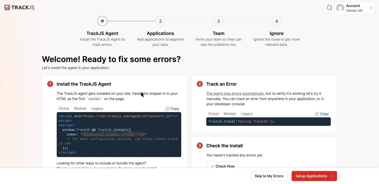 TrackJS install page with the agent snippet