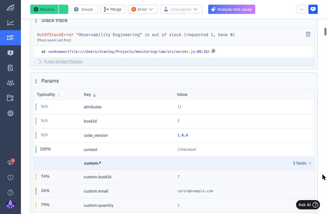 Rollbar parameters with the Typicality column