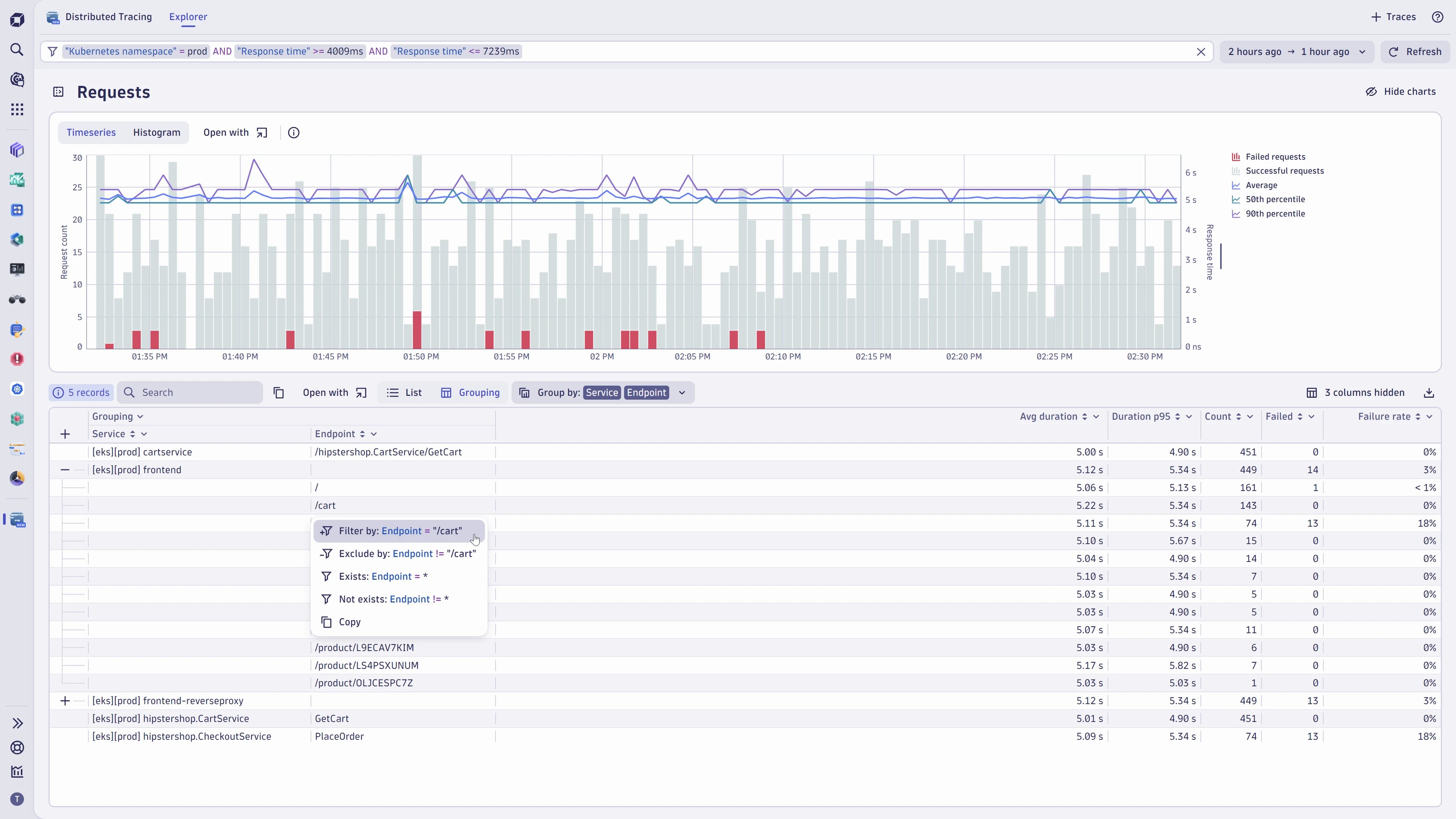 Screenshot of Dynatrace distributed tracing feature