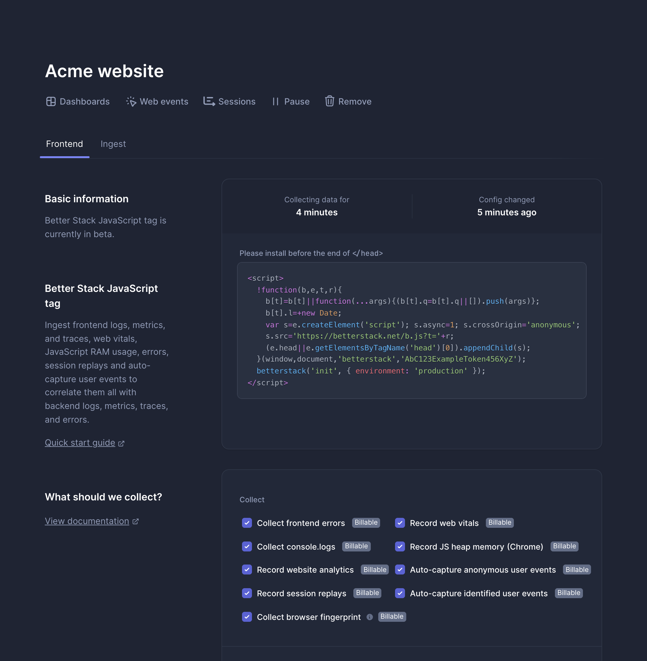 Application Frontend tab with the JavaScript tag snippet and collection toggles
