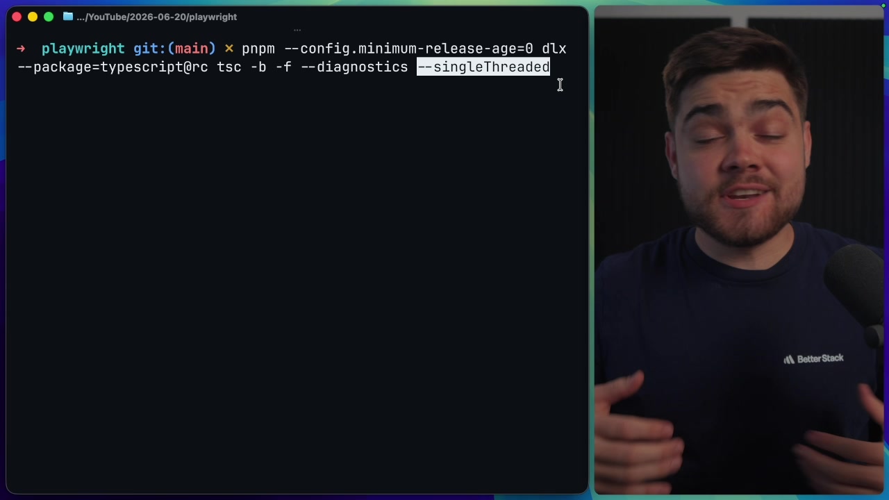 The terminal command being typed out, clearly showing the `--singleThreaded