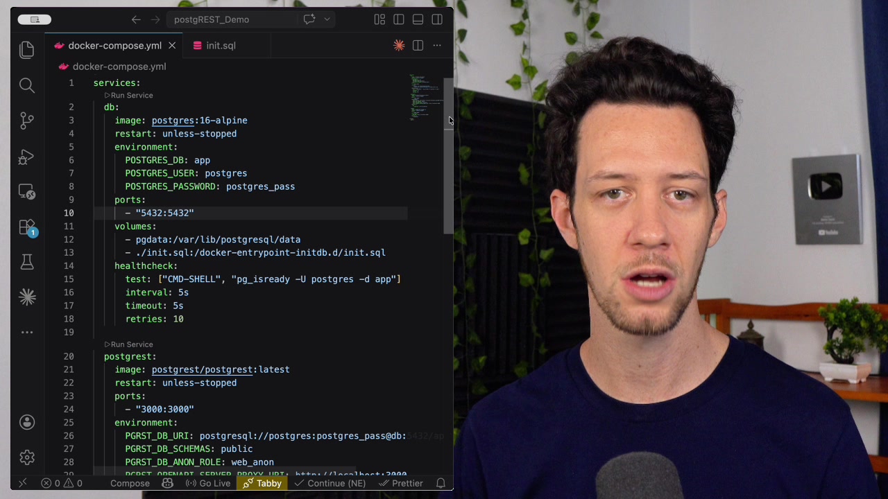 docker-compose.yml file in a code editor showing the three services defined