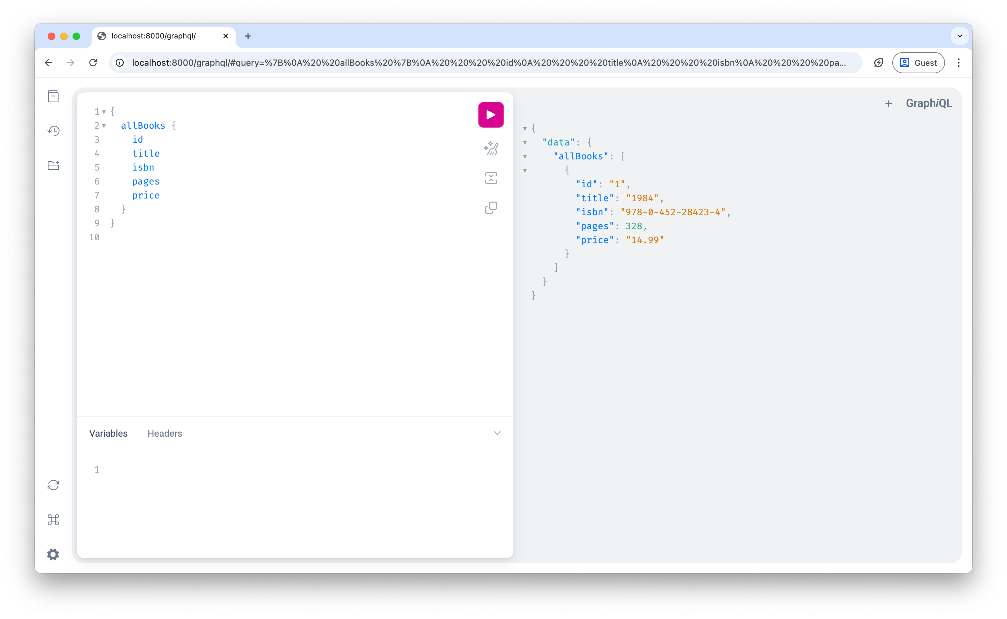 Screenshot showing the all books query results in GraphiQL