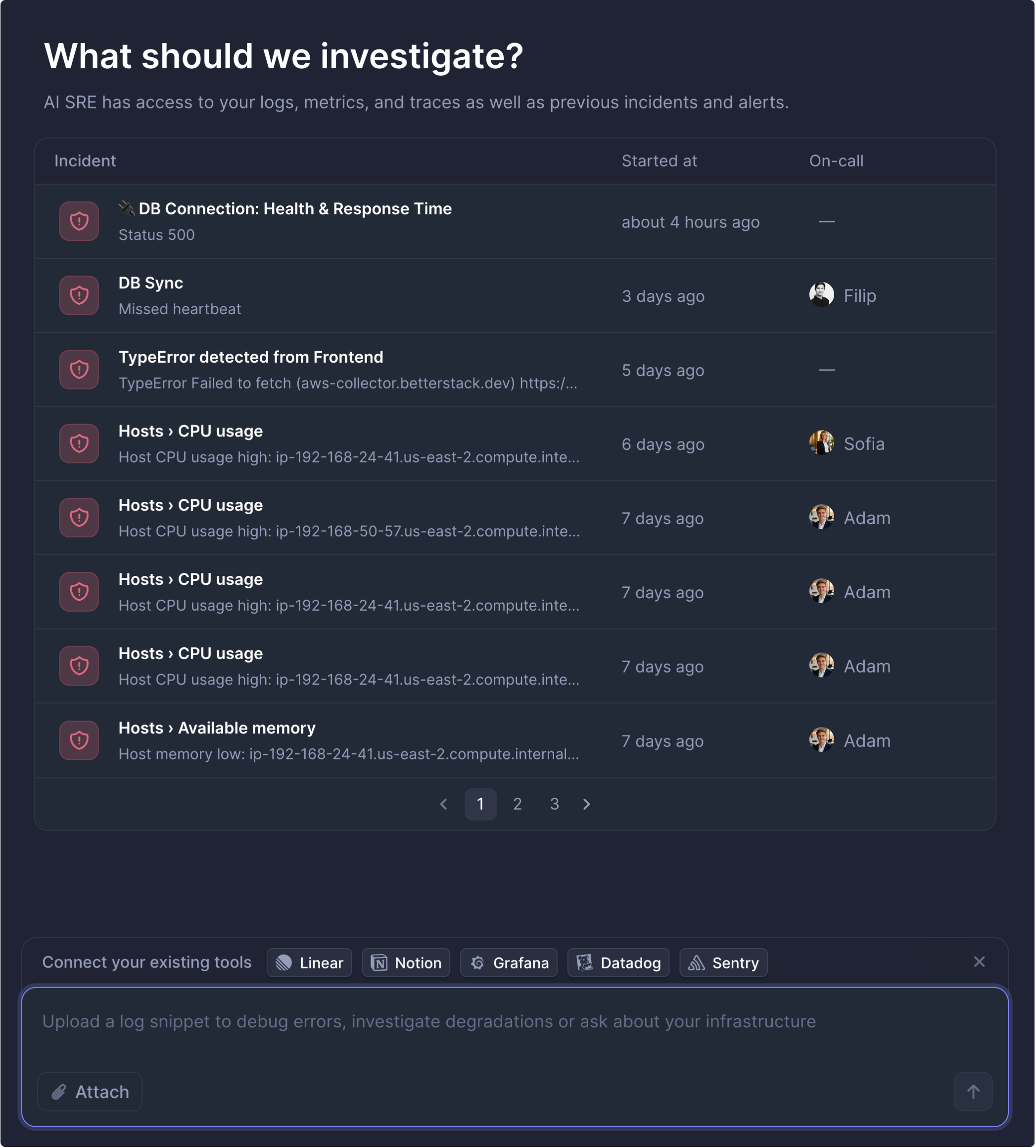 Welcome page of AI SRE