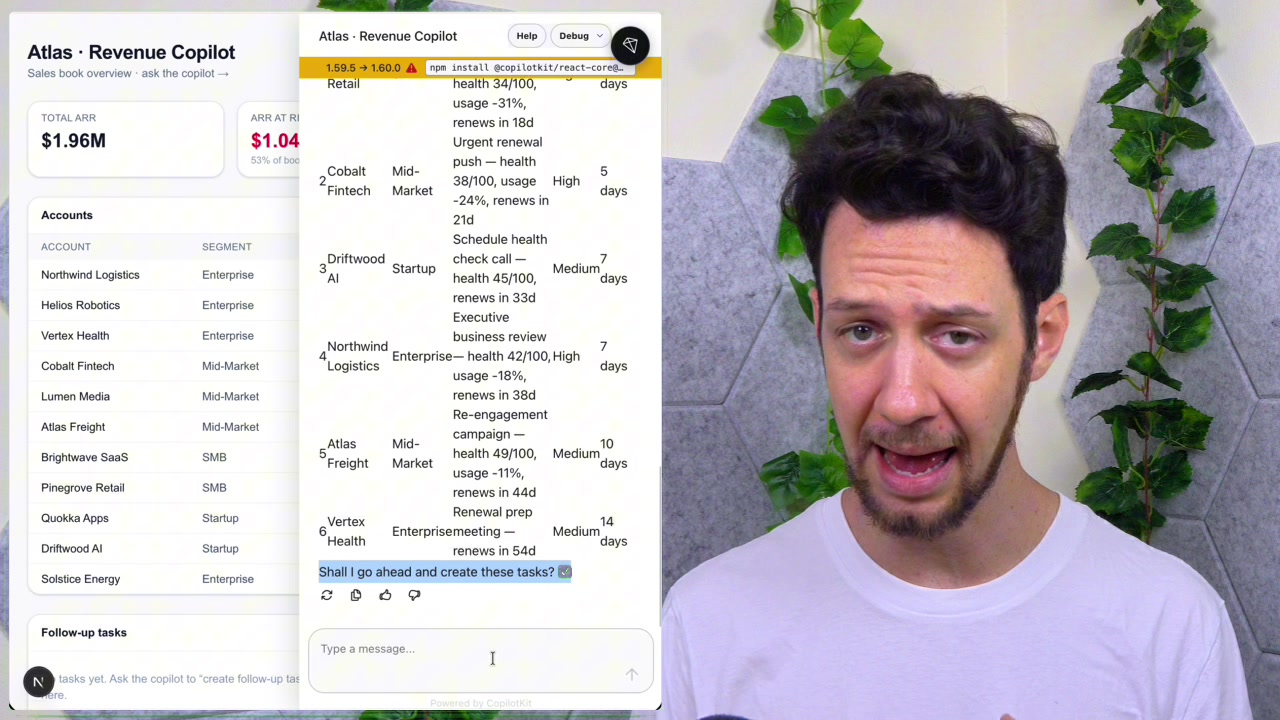 Chat interface showing the agent's message "Shall I go ahead and create these tasks?" pausing for user approval
