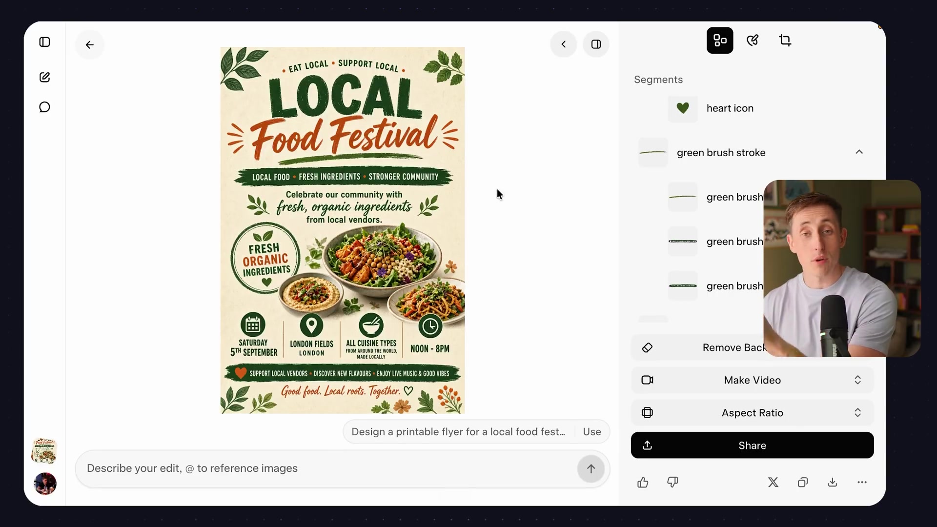 The Grok Imagine UI displaying a generated flyer with the "Segments" panel on the right, listing every editable element from leaves to text to food bowls.