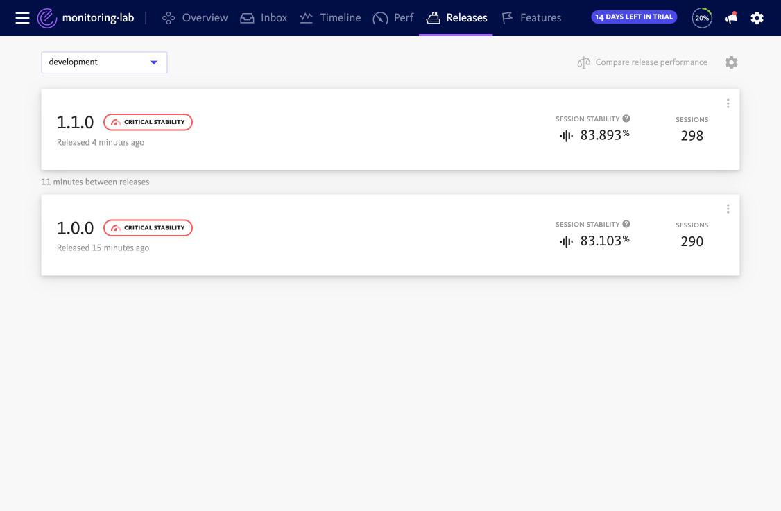 BugSnag releases list with stability for both versions