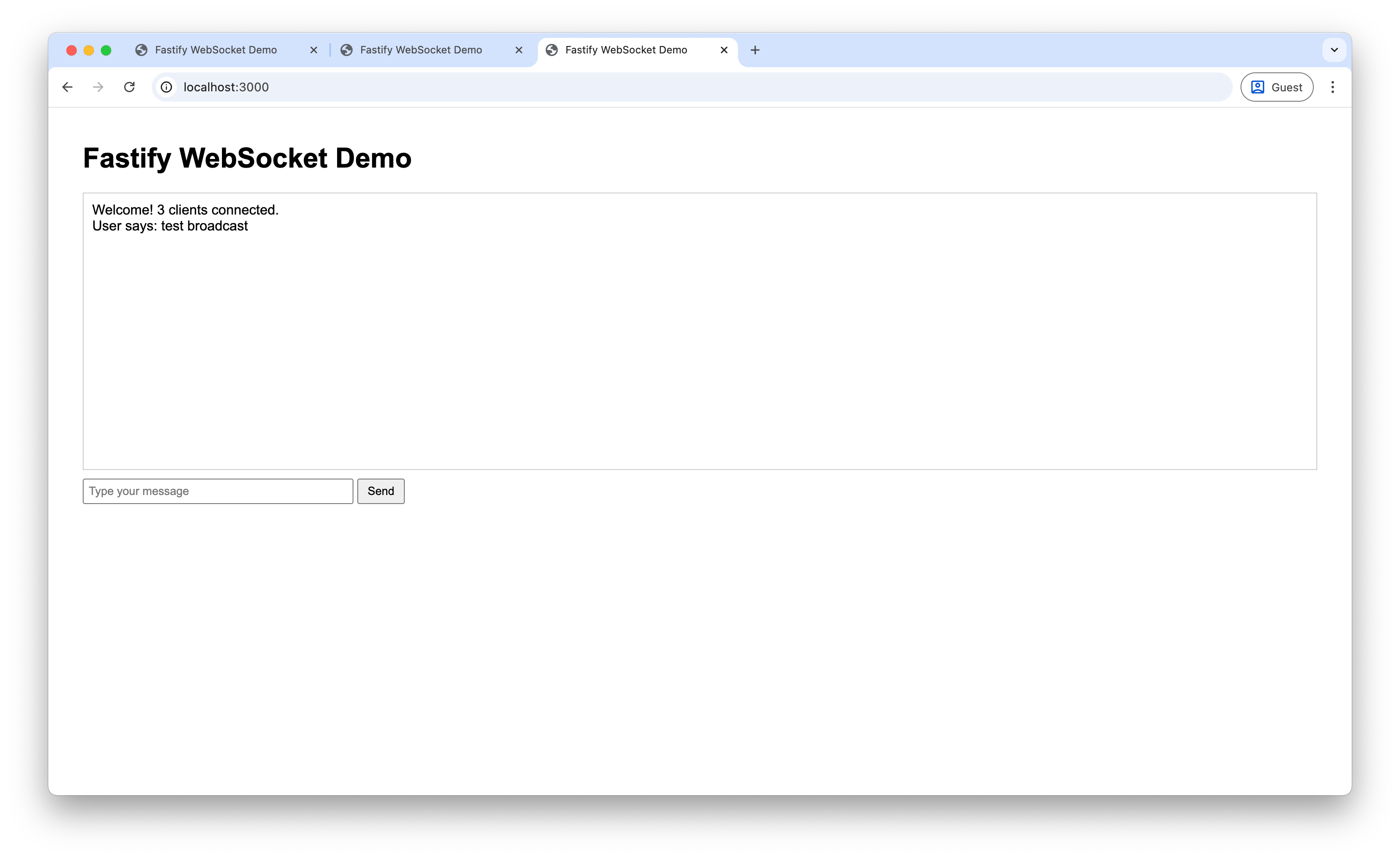 Screenshot of message broadcasting across multiple clients