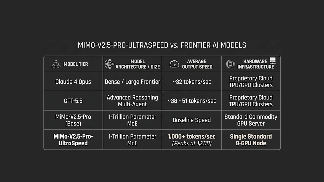 Table comparing average output speed of top AI models highlighting the dramatic difference of MiMo UltraSpeed