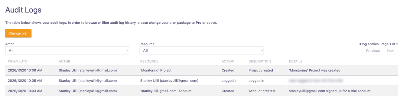 Airbrake audit logs restricted in the tested plan