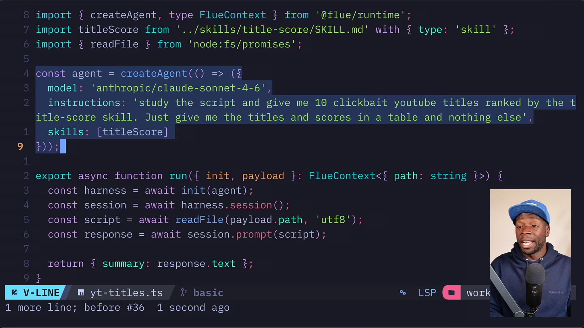 Code for the YouTube titles workflow showing the imported skill and the run function structure