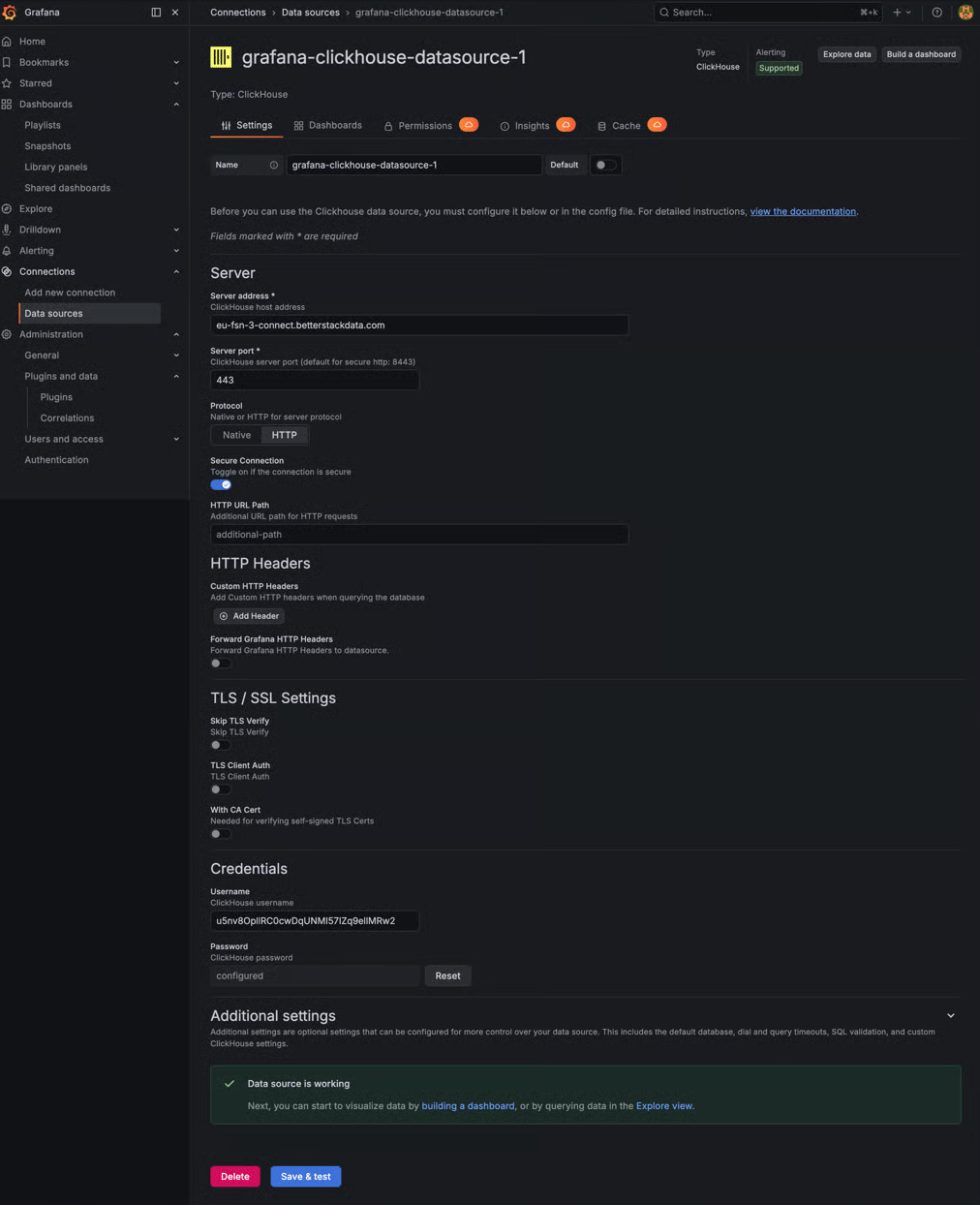 Grafana ClickHouse data source configured for Better Stack