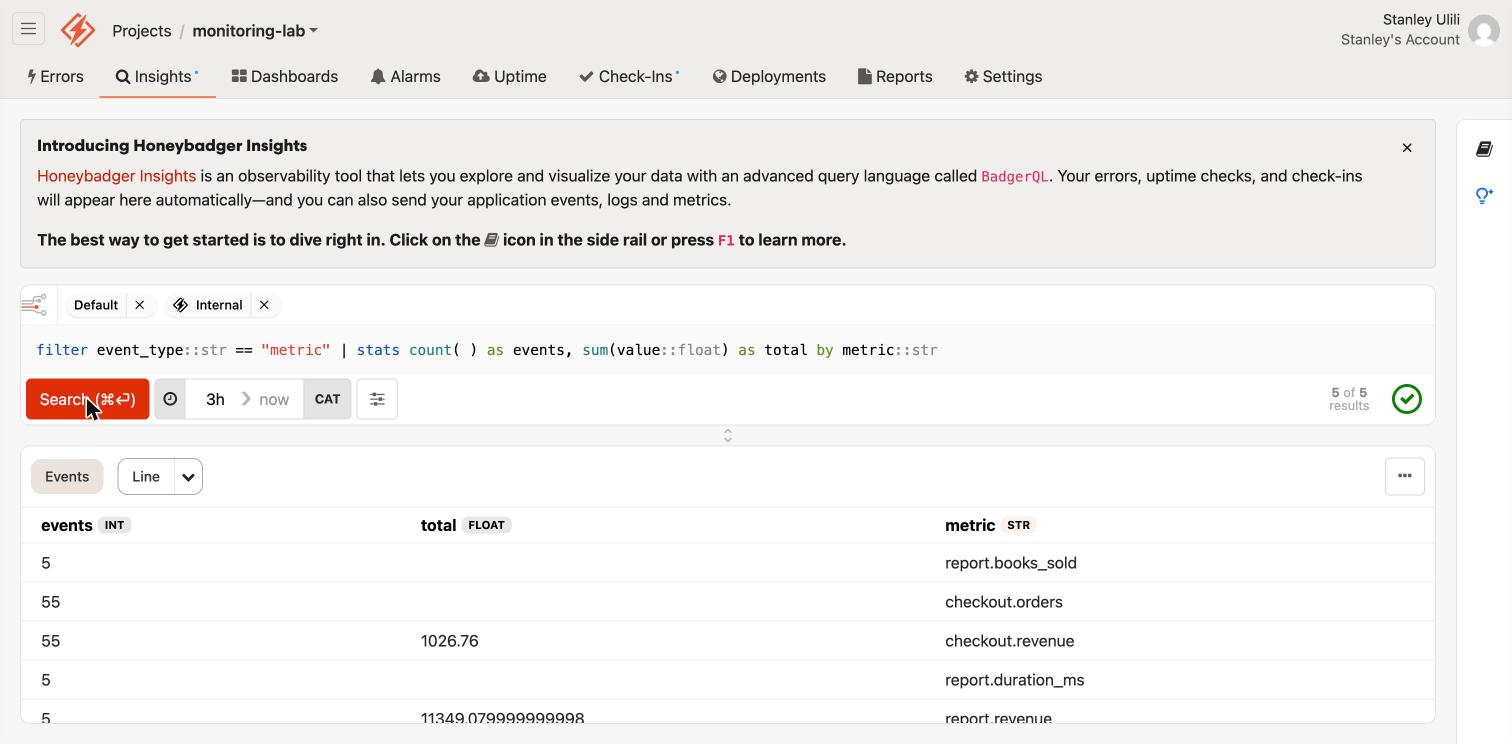 Honeybadger Insights BadgerQL query summing custom metrics