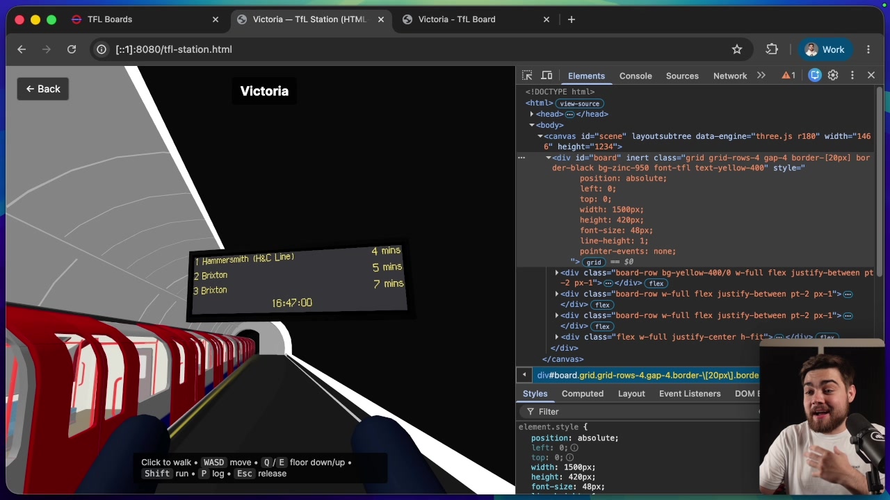 The live HTML timetable correctly rendered on the 3D display board in the train station scene