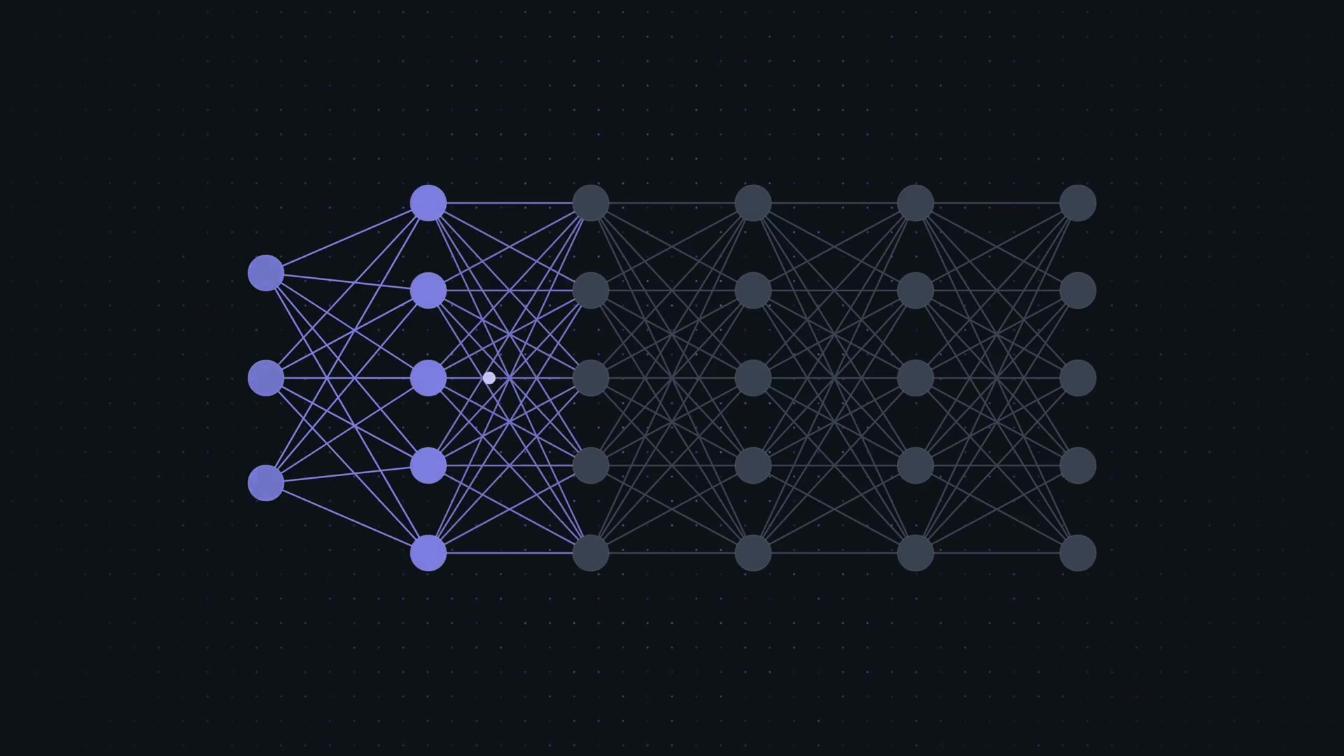 An animation showing the scaling of a simple node connection into a complex, multi-layered neural network, representing the architecture of an LLM.