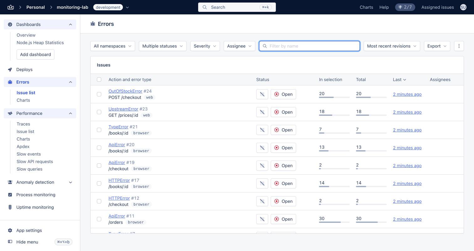 AppSignal errors list after the first release