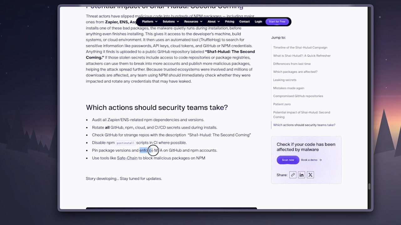 A list of recommended security actions, with the lines "enforce MFA on GitHub and npm accounts" and "Pin package versions" highlighted.