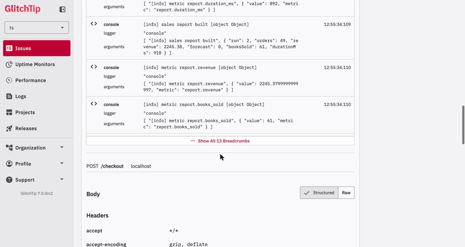 GlitchTip server breadcrumbs with unrelated console lines