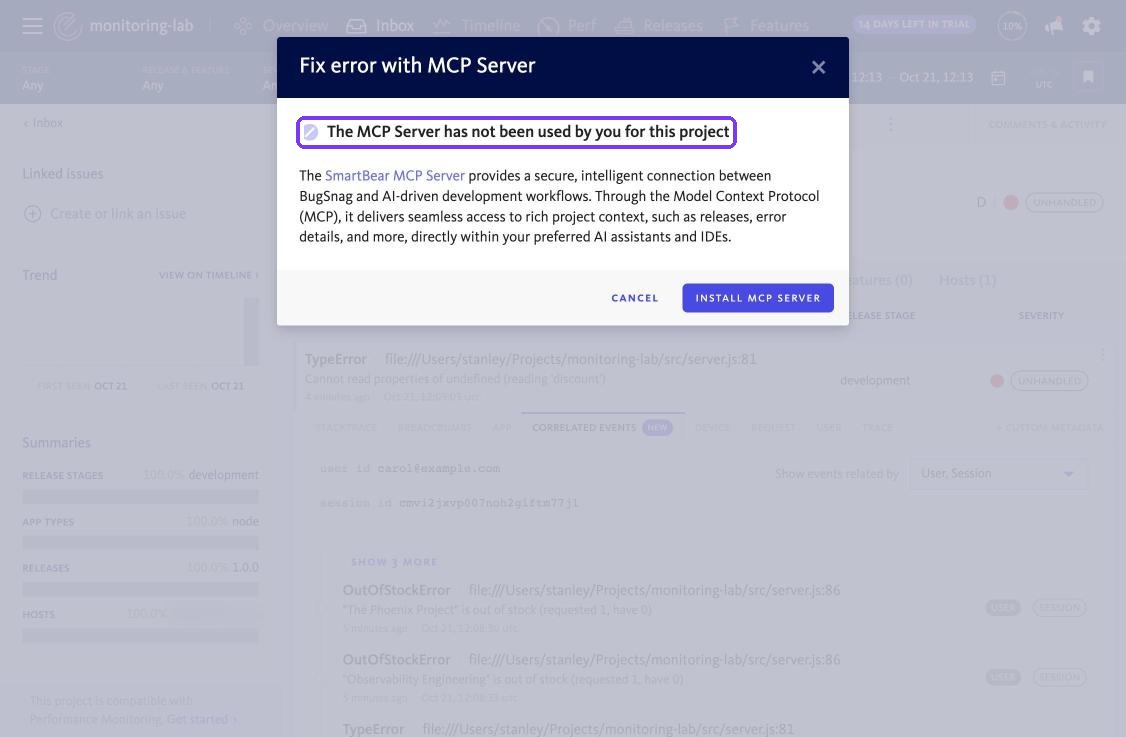 BugSnag Fix with MCP prompt to install the MCP server