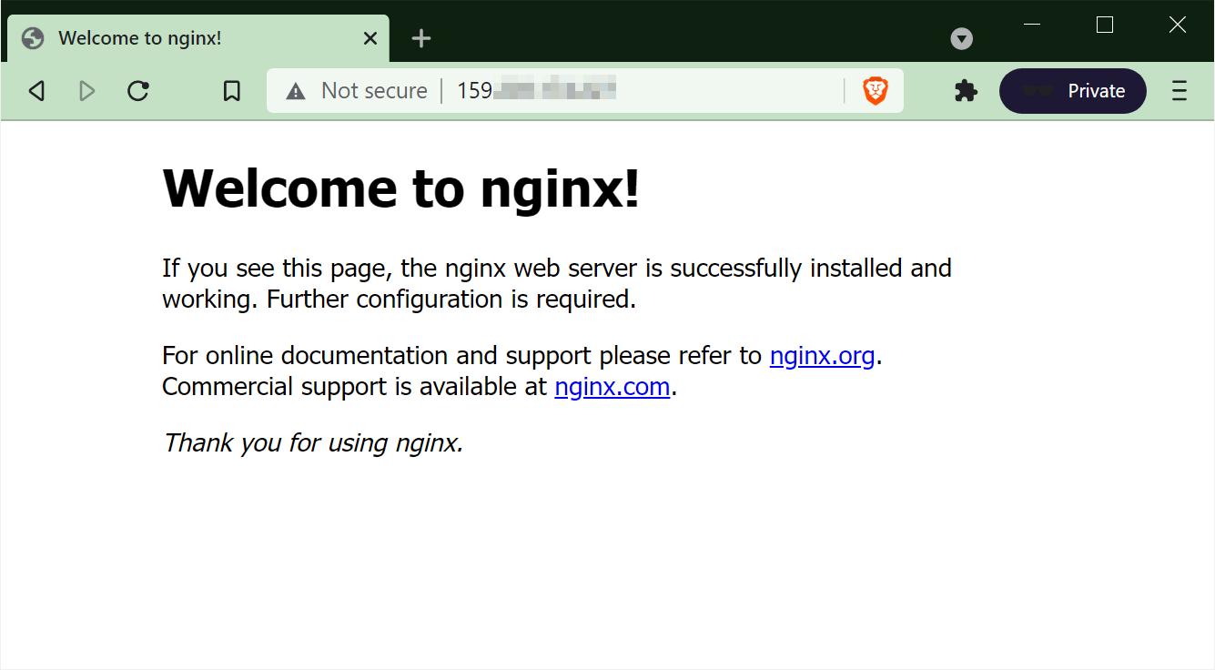 Screenshot of the default NGINX landing page