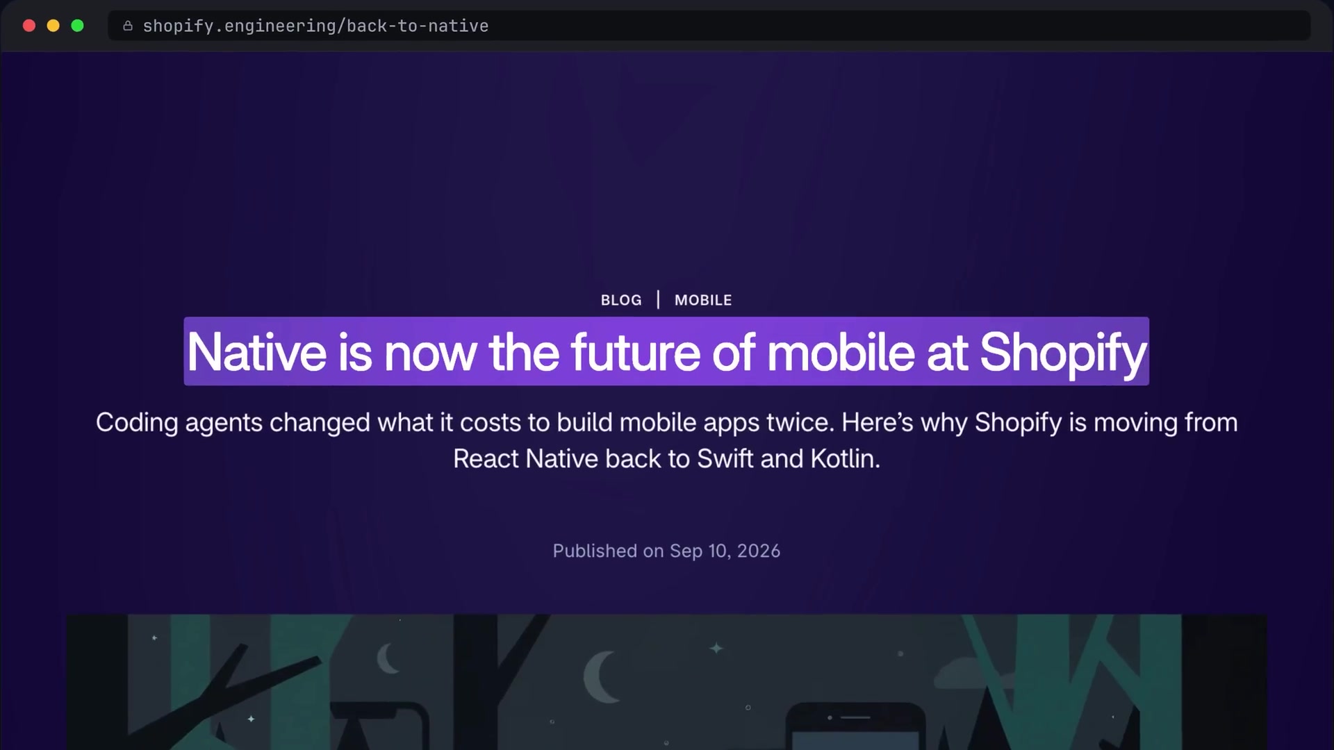 The title of the Shopify Engineering blog post, "Native is now the future of mobile at Shopify," highlighted on a dark background.