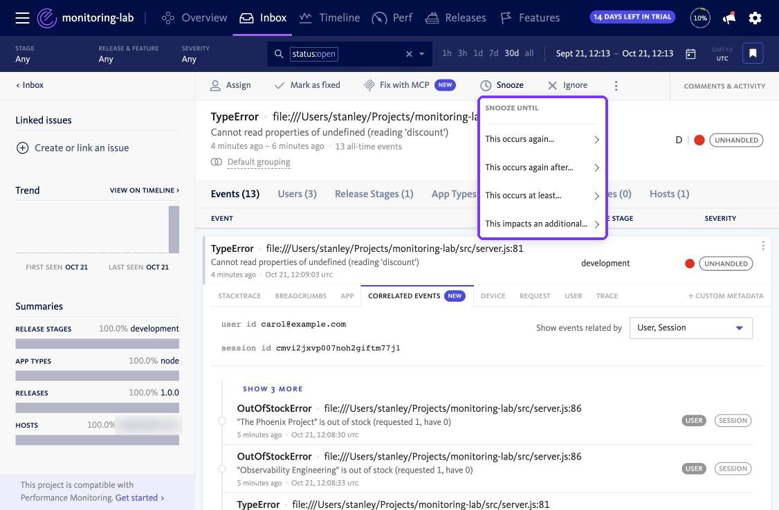 BugSnag snooze options